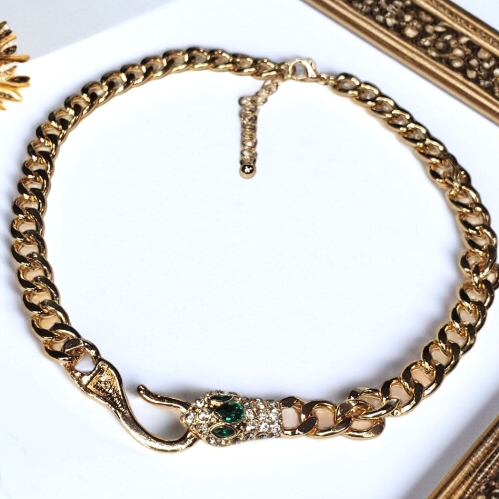 New Gold Chunky Snake Serpent Crystal Choker Necklace - Picture 3 of 4